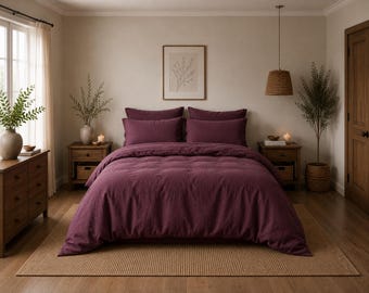 Plum Wine Linen Duvet Cover Set – Soft Washed Flax Bedding, Hidden Zipper Closure