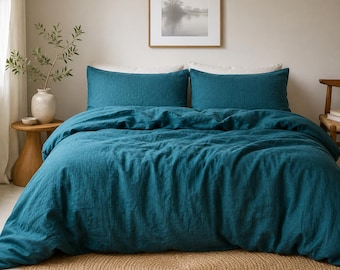 Teal Blue gewaschenes Leinen Bettwäsche Set, weiche Stonewashed Bettwäsche, Queen King (2 Kissenbezüge)
