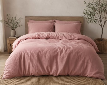 Soft Washed Cotton Duvet Cover Set, Minimalist Farmhouse Bedding, Dusty Rose Queen King Twin