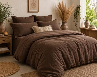 Juego de funda nórdica de lino marrón chocolate, ropa de cama bohemia, funda de edredón de lino lavado, decoración rústica de dormitorio estilo granja.