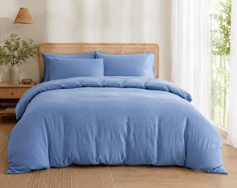 Cornflower Blue Cotton Duvet Cover Set: Soft Washed Bedding, Minimalist Farmhouse Decor