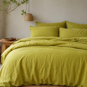 Juego de funda nórdica de lino lavado a la piedra en color verde chartreuse – Ropa de cama estilo bohemio rústico