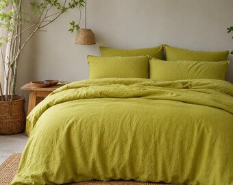 Chartreuse Green Stonewashed Linen Duvet Cover Set – Farmhouse Boho Bedding