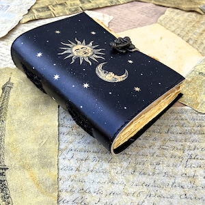 Vintage look Leather Journal leather notebook Handmade Beautiful Sun Moon Sketchbook Writing Journal Antique Deckle Edge Paper C-Lock Travel