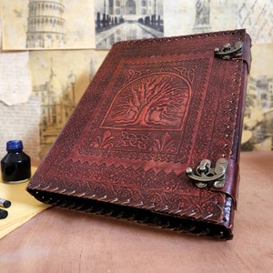 Grand journal en cuir, arbre de vie, papiers vierges en relief, livre des ombres, cuir, papiers d'inspiration vintage en relief,