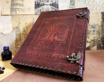 Tree Leather Journal: 600 Page Engraved Sketchbook with Lock