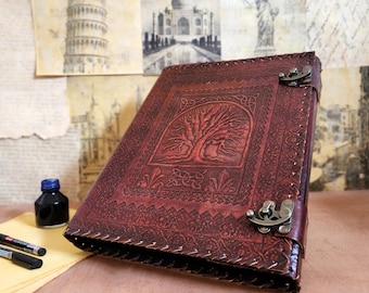 Large Leather Journal: Embossed Tree of Life, Vintage Blank Paper