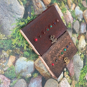 Pack Of 2 Leather Book of Shadows Journal, Supernatural Notebook with 7 Chakra Gem Stones Healing Grimoire Crystals and Latch, gift for him