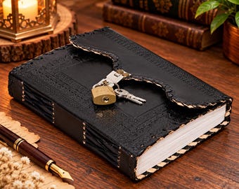 May include: A black leather journal with an embossed cover, featuring a metal latch closure secured by a brass padlock and two silver keys. The edges of the journal are stitched with light-colored thread, and the pages are white.