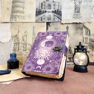 Personalized Leather Journal: Sun Moon Design, Deckle Edge Paper