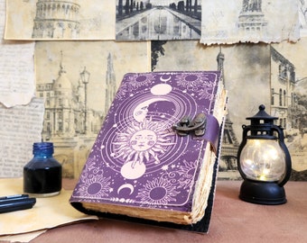 Personalized Leather Journal: Sun Moon Design, Deckle Edge Paper