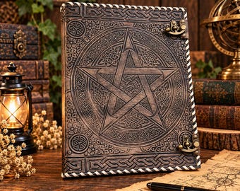 May include: A rectangular journal with a dark brown embossed leather cover featuring a central pentagram surrounded by intricate Celtic knotwork. The edges are bound with white stitching and secured by two antique brass metal latches on the side.