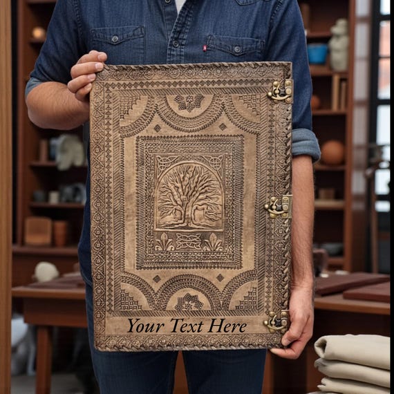 Giant Leather Journal 20x14 Large Handmade Leather Sketchbook Personalized Vintage Notebook with Tree of Life & Thick Deckle Paper Journal