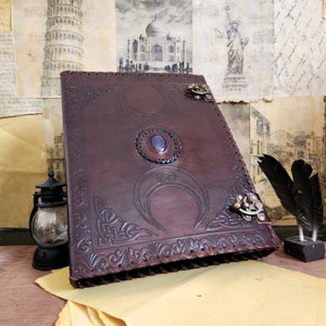 Classeur en cuir à 2 anneaux, classeur en cuir Grimore, couverture pour classeur en cuir, couverture en cuir triple lune, chemise en cuir, pochette pour organiseur