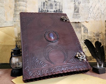 Leather 2 Ring Binder, Leather Grimore Binder, Leather Binder Cover, Triple Moon Leather Cover, Leather Folder, Organizer Cover Folder