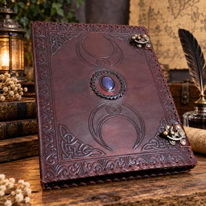Carpeta de cuero Triple Luna hecha a mano, grimorio recargable, A4