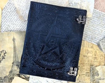 400 pages large Black Pentagram Embossed Leather Journal  | leather grimoire book | Handmade Leather Journal | Writing Leather notebook gift