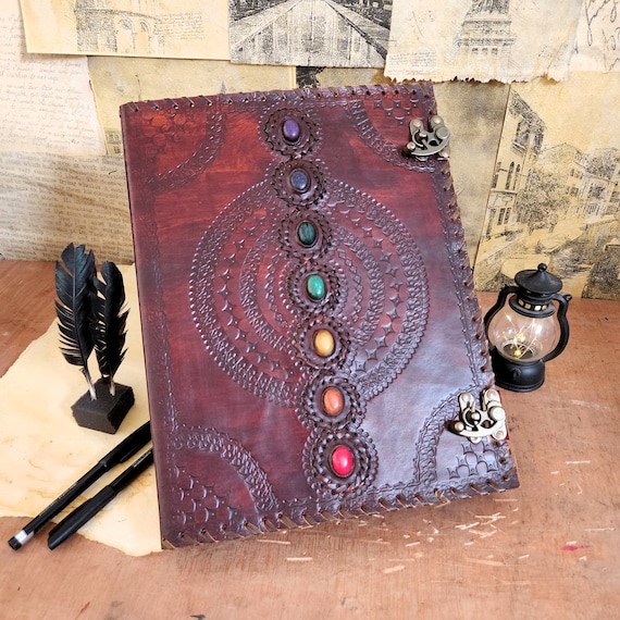 Seven Stone Chakra Leather Binder, Refillable Grimoire, A4 Size