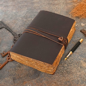 Grimoire Leather Journal with - Deckle Edge Vintage look Paper Bound Journal - Book of Shadows Journal - Leather Sketchbook - Great Gift