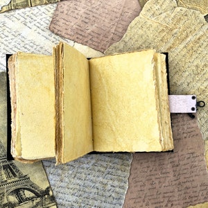 May include: An open journal with blank, yellowed pages. The journal has a brown leather cover and a pink ribbon bookmark. The journal is surrounded by old, handwritten letters.