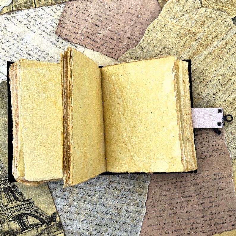 May include: An open journal with blank, yellowed pages. The journal has a brown leather cover and a pink ribbon bookmark. The journal is surrounded by old, handwritten letters.