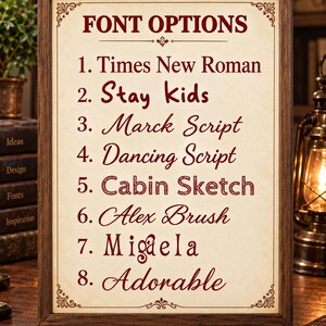 Może przedstawiać: Prostokątny znak w ciemnej drewnianej ramie z napisem FONT OPTIONS w ciemnoczerwonym kolorze. Lista zawiera 1. Times New Roman, 2. Stay Kids, 3. Marck Script, 4. Dancing Script, 5. Cabin Sketch, 6. Alex Brush, 7. Miguela oraz 8. Adorable.