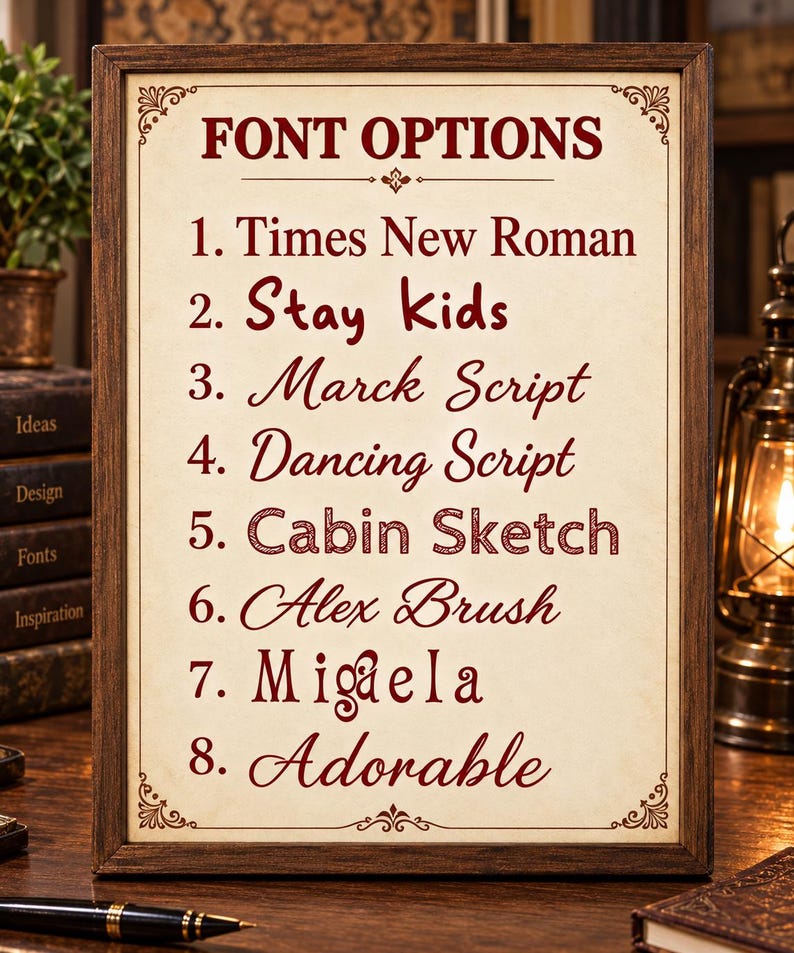 Może przedstawiać: Prostokątny znak w ciemnej drewnianej ramie z napisem FONT OPTIONS w ciemnoczerwonym kolorze. Lista zawiera 1. Times New Roman, 2. Stay Kids, 3. Marck Script, 4. Dancing Script, 5. Cabin Sketch, 6. Alex Brush, 7. Miguela oraz 8. Adorable.