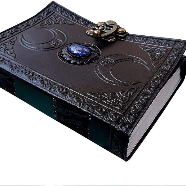 A5 Triple Moon Goddess Leather Black Journal | 4 Stone Options | 200 sheets | Brass C Clasp | Medieval | Goddess Leather Journal