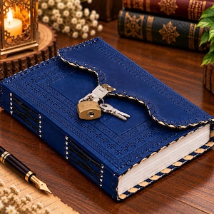 May include: A deep blue journal with a textured cover featuring embossed floral patterns and a flap closure. The journal is secured with a brass-colored metal padlock and two small keys. The edges are stitched with light-colored thread.