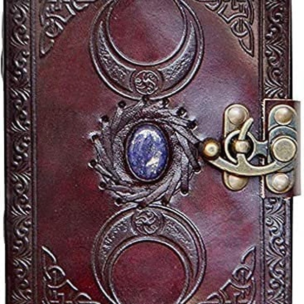 A5 Triple Moon Goddess Leather Brown Journal |  Stone Options | 200 sheets | Brass C Clasp | Medieval | Goddess Leather Journal