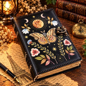 May include: A black leather-bound journal featuring a central moth illustration, a moon, stars, and floral motifs in shades of yellow, pink, and blue. The cover includes a metal latch closure and visible side stitching, with aged paper pages visible along the edge.