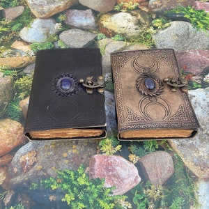 Book of shadows, Leather Journal, Triple Moon journal, Third Eye Crystal Stone, gift for him, gift for her, Leather Grimoire