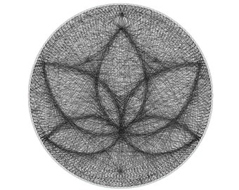 May include: A black and white string art design of a lotus flower in a circular frame.