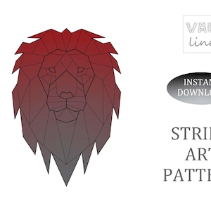 Puede incluir: Patrón de arte de hilo geométrico de una cabeza de león con un degradado rojo y gris. El patrón está etiquetado como "String Art Pattern".