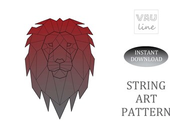 May include: Geometric line art pattern of a lion's head with a red and gray gradient. The pattern is labeled "String Art Pattern".