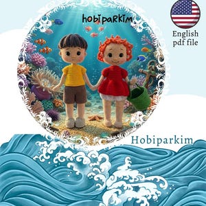 May include: Two amigurumi dolls, one with brown hair in a yellow shirt and brown shorts, the other with red hair in a red dress and white bloomers, holding hands. Text reads Sosuke Crochet Pattern, hobiparkim, and English pdf file.