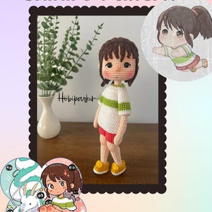 May include: Crochet pattern for a Chihiro amigurumi doll from the movie Spirited Away. The pattern includes instructions for making the doll's body, hair, clothing, and shoes. The pattern is available for download as a PDF file.