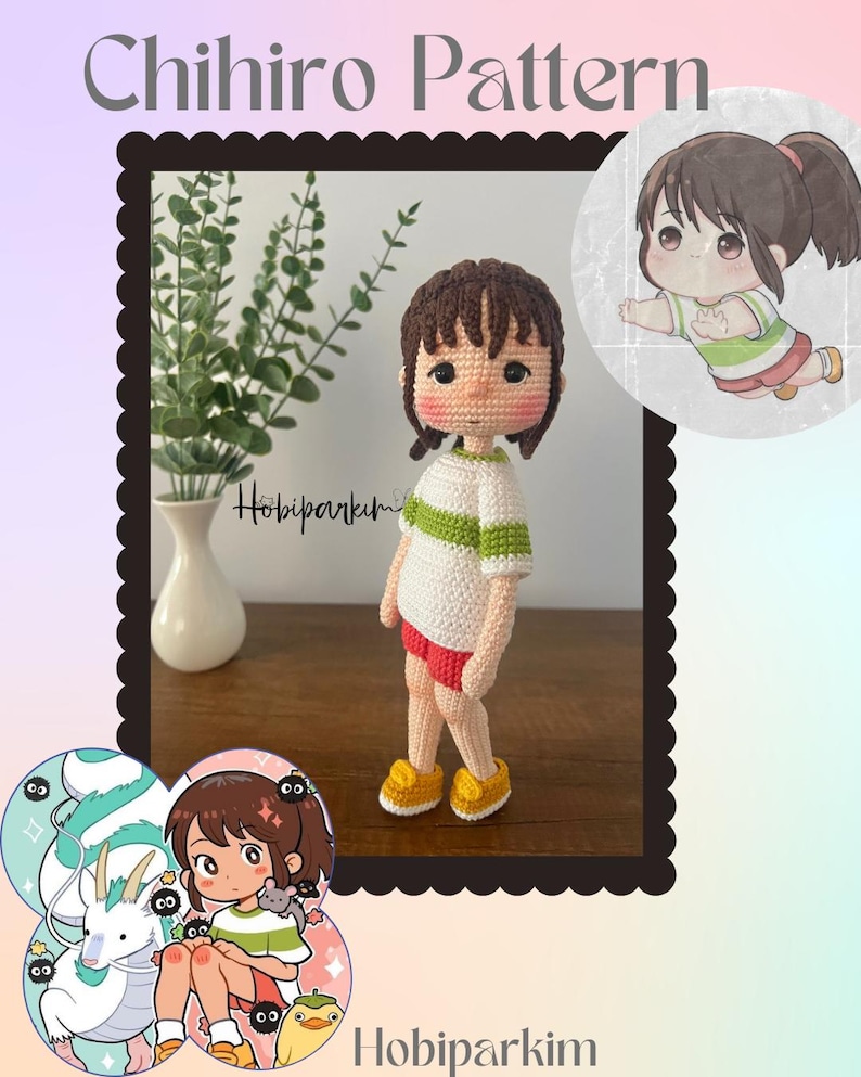 May include: Crochet pattern for a Chihiro amigurumi doll from the movie Spirited Away. The pattern includes instructions for making the doll's body, hair, clothing, and shoes. The pattern is available for download as a PDF file.