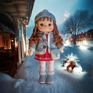 Peut inclure: Une poupée en crochet portant une veste bleue avec des flocons de neige blancs, une robe rouge et un chapeau bleu avec un flocon de neige blanc. La poupée a les cheveux bruns et se tient dans un décor enneigé.