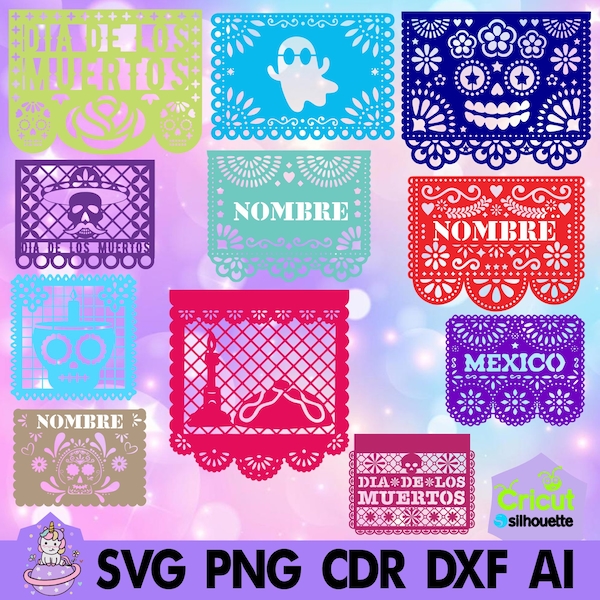 Papel picado MOD 2, Tag der Toten, Halloween in svg, png, studio, dxf, cdr, jpg, ai. Enthält TTF-OTF-Schablonenschriftarten (+30)