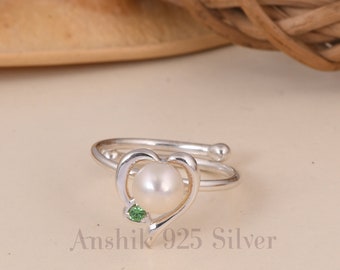 Anillo de perlas 100% genuino, anillo de piedras preciosas, anillo ajustable apilable blanco, joyería de plata de ley 925, regalo de compromiso, anillo para ella