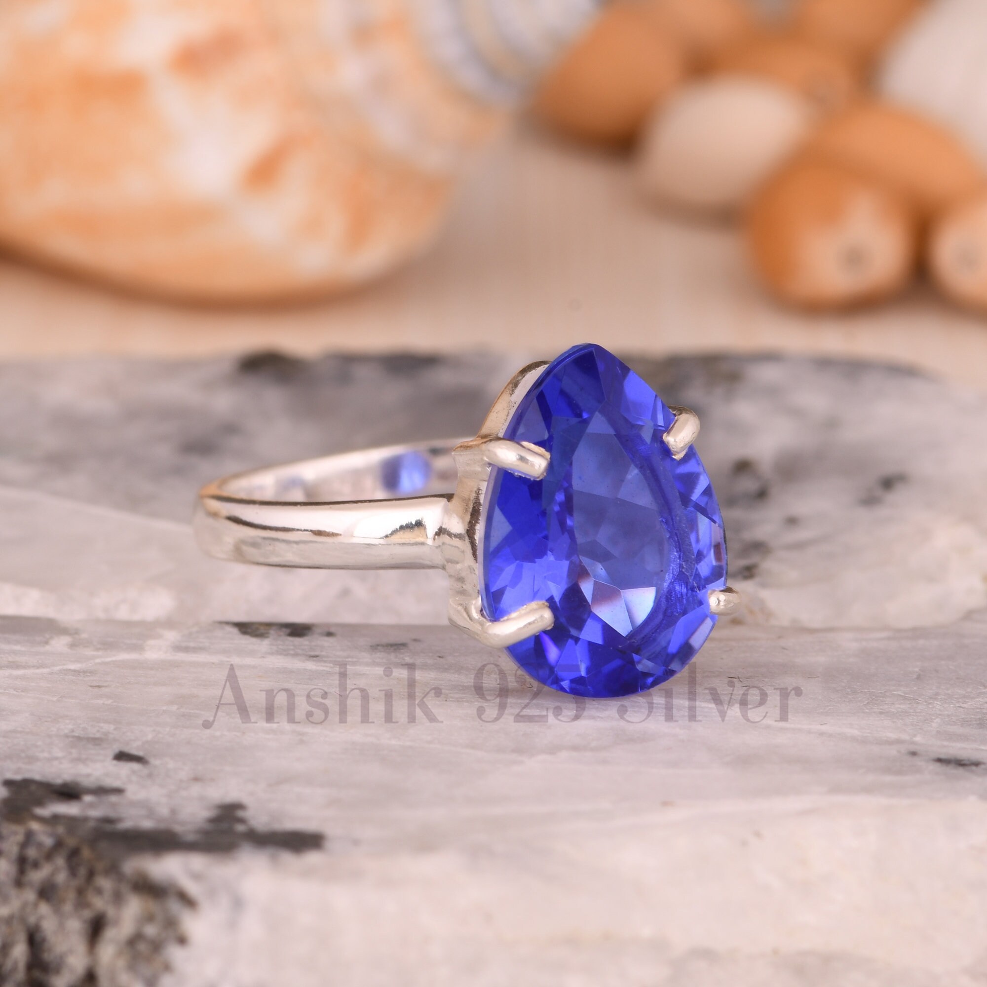 Bague Réglable En Quartz Tanzanite Bleu Lab-created - Forme Marquise 65 Carats - Plaqué Argent - Neuf Sans Emballage