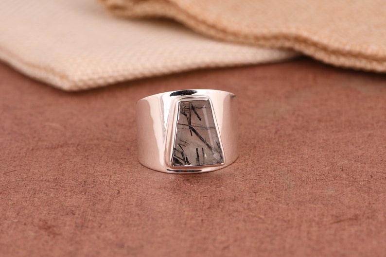 Wide Band Black Rutile Men Women Ring, 925 Sterling Silver Engagement Wedding Ring, Black Rutile Gemstone Ring, Designer Ring Gift For Her. image 10