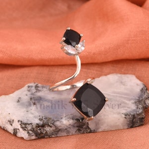 Infinity Black Onyx Ring, Antique Engagement Wedding Ring, Black Bypass Ring, Art Deco Designer Bridal Ring, Promise Ring Gift For Love.