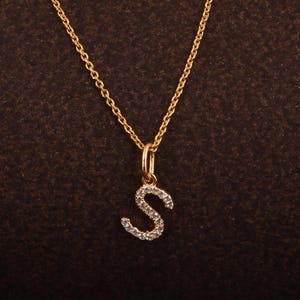 Collar con letra S de diamante - Joyería de oro amarillo macizo de 14 k - Colgante minimalista - Collar con dije de inicial - Regalo de collar de oro para abuela
