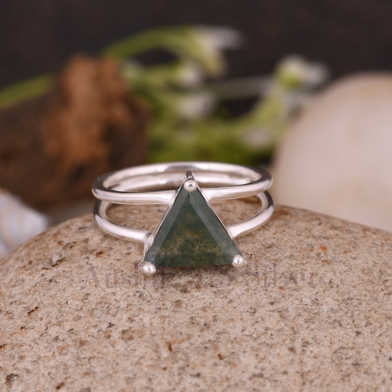 Natural Moss Agate Triangle Gemstone Ring 925 Sterling Silver