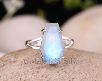 Moonstone Ring, Statement Ring, Silver Ring, 925 Starling Ring, Coffin Ring, Prong Setting Ring, Natural Moonstone Ring, Moonstone Jewelry.