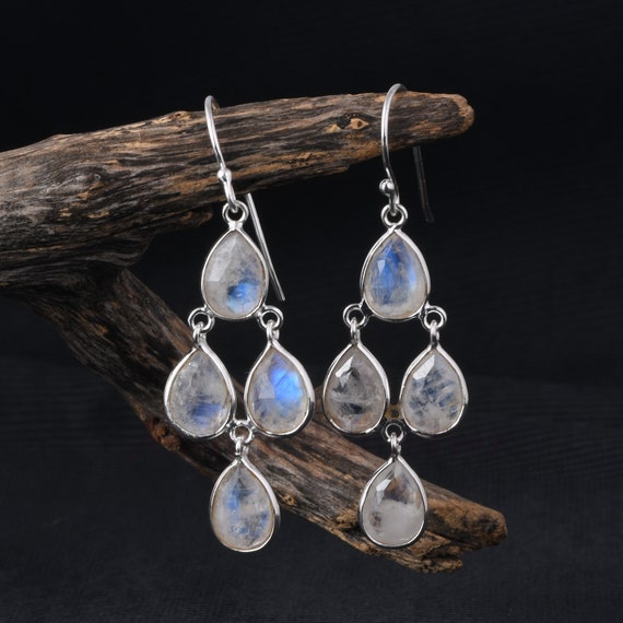 Orecchini In Argento 925 Con Pietra Di Luna Arcobaleno | Cabochon 6x8 Mm | Fatto A Mano - 3