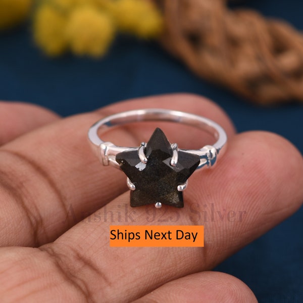 Gold Sheen Obsidian Ring, 925 Sterling Silver Gemstone Ring, Split Band Ring, Designer Star Handmade Beautiful Ring, Gift For Anniversary.