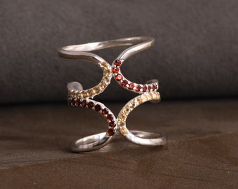 Citrine & Garnet Gemstone Ring - Designer Ring - 925 Sterling Silver Ring - Knuckle Ring - Joint Ring - Handmade Ring - Gift For Birthday.